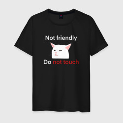 Мужская футболка хлопок Not friendly, do not touch, текст с мемным котом