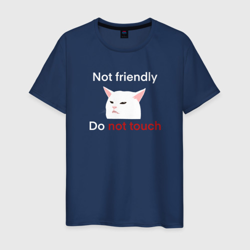Мужская футболка из хлопка с принтом Not friendly, do not touch, текст с мемным котом, вид спереди №1