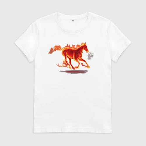 Женская футболка хлопок Fire horse - бежит огненная лошадь с пышущими языками пламени