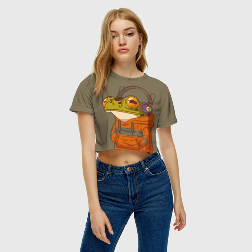 Женская футболка Crop-top 3D Лягуха в наушниках, цвет 3D печать - фото 3