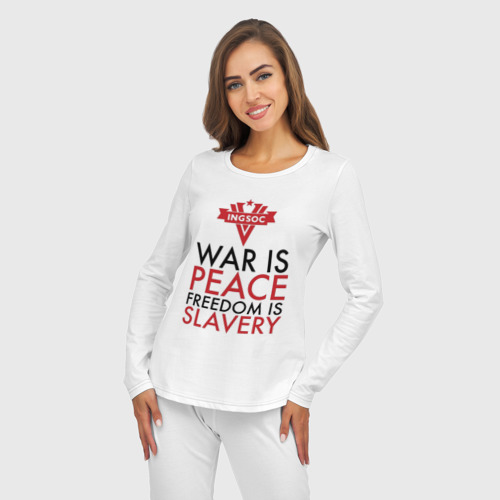 Женская пижама с лонгсливом хлопок War is peace freedom is slavery, цвет белый - фото 5