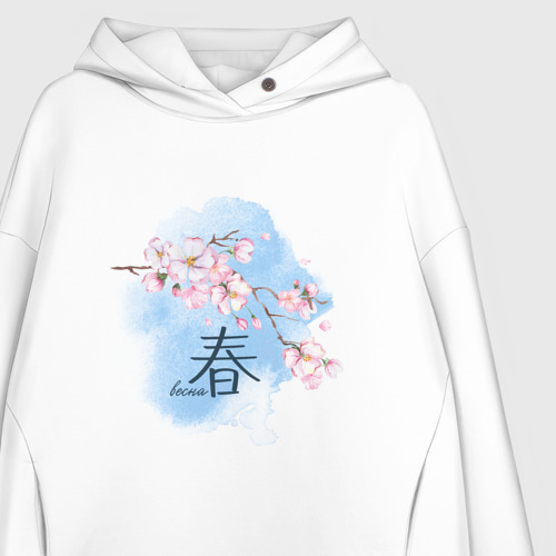 Женское худи Oversize хлопок Японский иероглиф весна сакура, цвет белый - фото 3