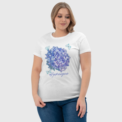 Женская футболка хлопок с принтом Сиреневая гортензия и бабочки Hydrangea, фото #4
