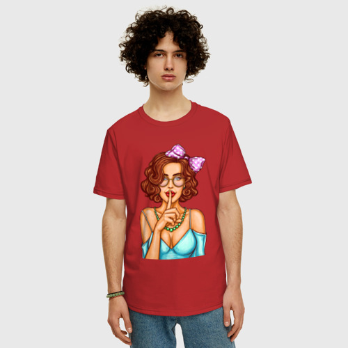 Мужская футболка хлопок Oversize Милая девушка с бантиком (т-с-с-с), цвет красный - фото 3