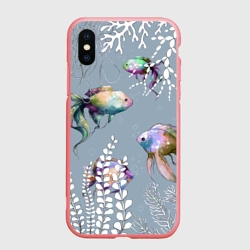 Чехол для iPhone XS Max матовый Разноцветные акварельные рыбки и белые водоросли