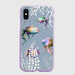 Чехол для iPhone XS Max матовый Разноцветные акварельные рыбки и белые водоросли