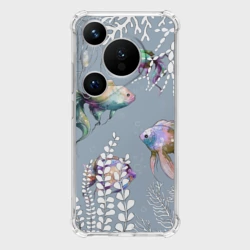 Чехол для Huawei Pura 70 Pro Разноцветные акварельные рыбки и белые водоросли