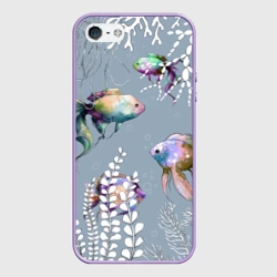 Чехол для iPhone 5/5S матовый Разноцветные акварельные рыбки и белые водоросли