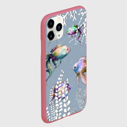 Чехол для iPhone 11 Pro матовый Разноцветные акварельные рыбки и белые водоросли - фото 2