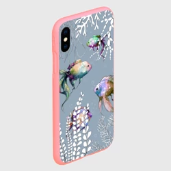Чехол для iPhone XS Max матовый Разноцветные акварельные рыбки и белые водоросли - фото 2