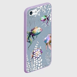 Чехол для iPhone 5/5S матовый Разноцветные акварельные рыбки и белые водоросли - фото 2