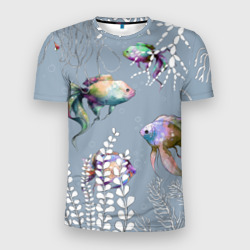 Мужская футболка 3D Slim Разноцветные акварельные рыбки и белые водоросли