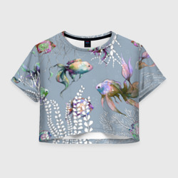Женская футболка Crop-top 3D Разноцветные акварельные рыбки и белые водоросли