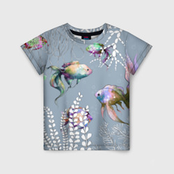 Детская футболка 3D Разноцветные акварельные рыбки и белые водоросли