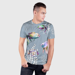 Мужская футболка 3D Slim Разноцветные акварельные рыбки и белые водоросли - фото 2