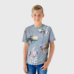 Детская футболка 3D Разноцветные акварельные рыбки и белые водоросли - фото 2