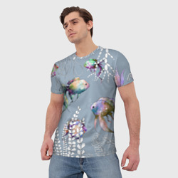 Мужская футболка 3D Разноцветные акварельные рыбки и белые водоросли - фото 2