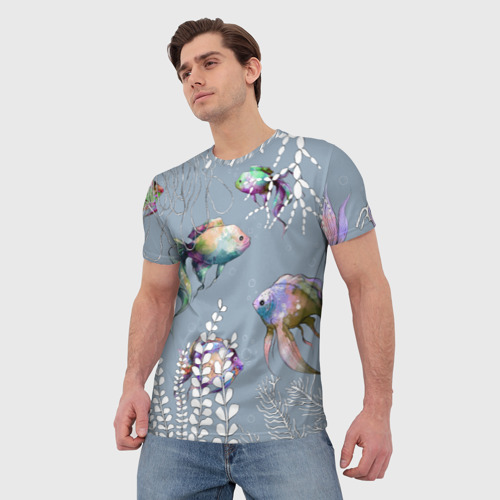 Мужская футболка 3D Разноцветные акварельные рыбки и белые  водоросли, цвет 3D печать - фото 3