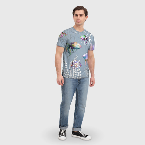 Мужская футболка 3D Разноцветные акварельные рыбки и белые  водоросли, цвет 3D печать - фото 5