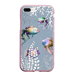 Чехол для iPhone 7Plus/8 Plus матовый Разноцветные акварельные рыбки и белые водоросли