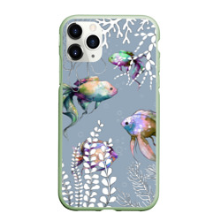 Чехол для iPhone 11 Pro Max матовый Разноцветные акварельные рыбки и белые водоросли