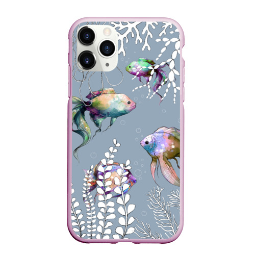 Чехол для iPhone 11 Pro Max матовый Разноцветные акварельные рыбки и белые водоросли, цвет розовый