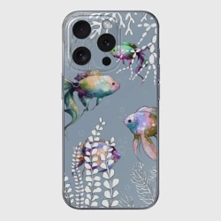 Чехол для iPhone 15 Pro Max силиконовый с защитой камеры Разноцветные акварельные рыбки и белые водоросли
