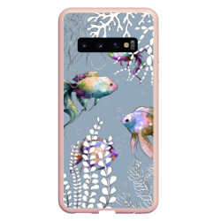 Чехол для Samsung Galaxy S10 Разноцветные акварельные рыбки и белые водоросли