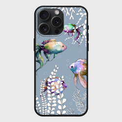 Чехол силиконовый для Apple iPhone 15 Pro Мax матовый Разноцветные акварельные рыбки и белые водоросли