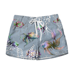Женские шорты 3D Разноцветные акварельные рыбки и белые водоросли