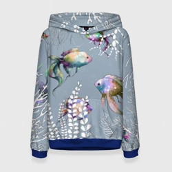 Женская толстовка 3D Разноцветные акварельные рыбки и белые водоросли