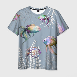 Мужская футболка 3D Разноцветные акварельные рыбки и белые водоросли