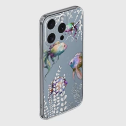 Чехол для iPhone 15 Pro Max силиконовый с защитой камеры Разноцветные акварельные рыбки и белые водоросли - фото 2