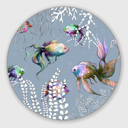 Круглый коврик для мышки Разноцветные акварельные рыбки и белые водоросли