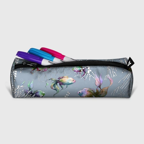 Пенал школьный 3D с принтом Разноцветные акварельные рыбки и белые водоросли, фото на моделе #1