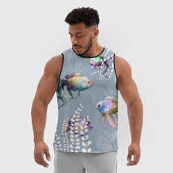 Мужская спортивная майка 3D Разноцветные акварельные рыбки и белые водоросли - фото 2