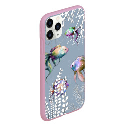 Чехол для iPhone 11 Pro Max матовый Разноцветные акварельные рыбки и белые водоросли - фото 2