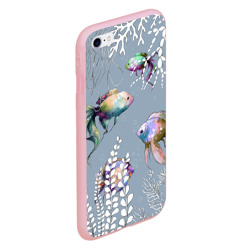 Чехол для iPhone 6/6S матовый Разноцветные акварельные рыбки и белые водоросли - фото 2