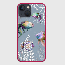 Чехол для iPhone 13 mini Разноцветные акварельные рыбки и белые водоросли
