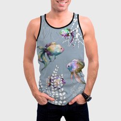 Мужская майка 3D Разноцветные акварельные рыбки и белые водоросли - фото 2