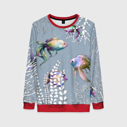 Женский свитшот 3D Разноцветные акварельные рыбки и белые водоросли