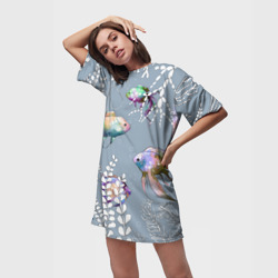 Платье-футболка 3D Разноцветные акварельные рыбки и белые водоросли - фото 2