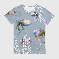 Женская футболка 3D Разноцветные акварельные рыбки и белые водоросли