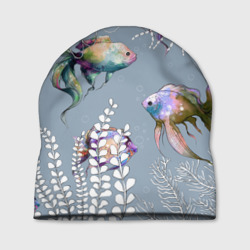Шапка 3D Разноцветные акварельные рыбки и белые водоросли