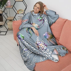 Плед с рукавами Разноцветные акварельные рыбки и белые водоросли - фото 2