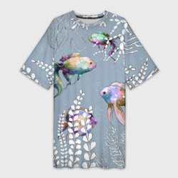 Платье-футболка 3D Разноцветные акварельные рыбки и белые водоросли