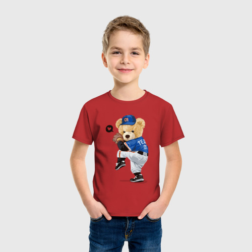 Детская футболка хлопок с принтом МИШКА БЕЙСБОЛИСТ, фото на моделе #1