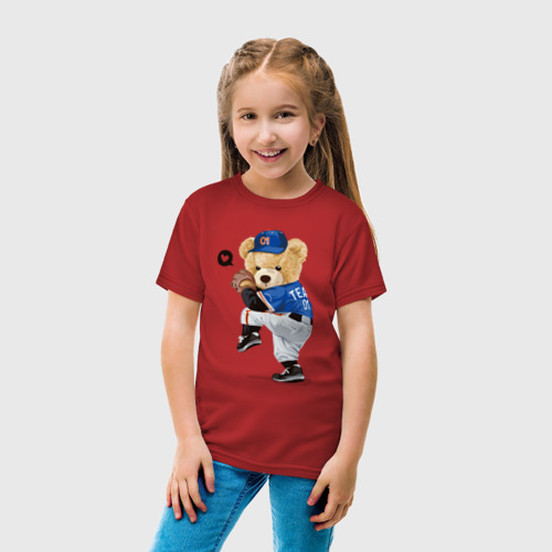 Детская футболка хлопок с принтом МИШКА БЕЙСБОЛИСТ, вид сбоку #3