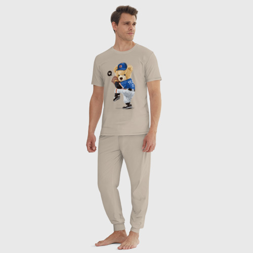 Мужская пижама хлопок Мишка бейсболист, цвет миндальный - фото 5