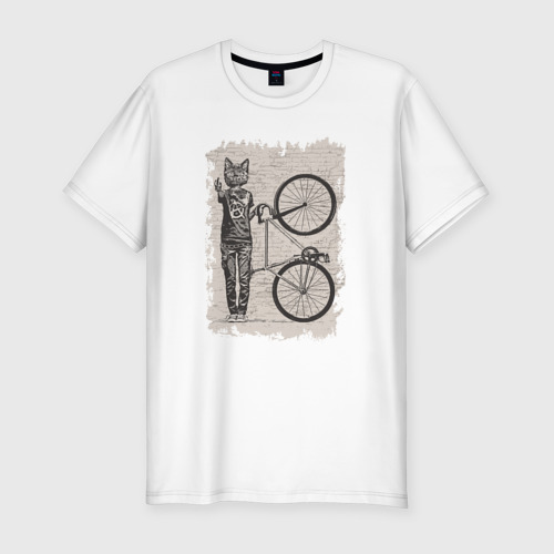 Мужская футболка хлопок Slim с принтом Котик велосипедист, вид спереди #2